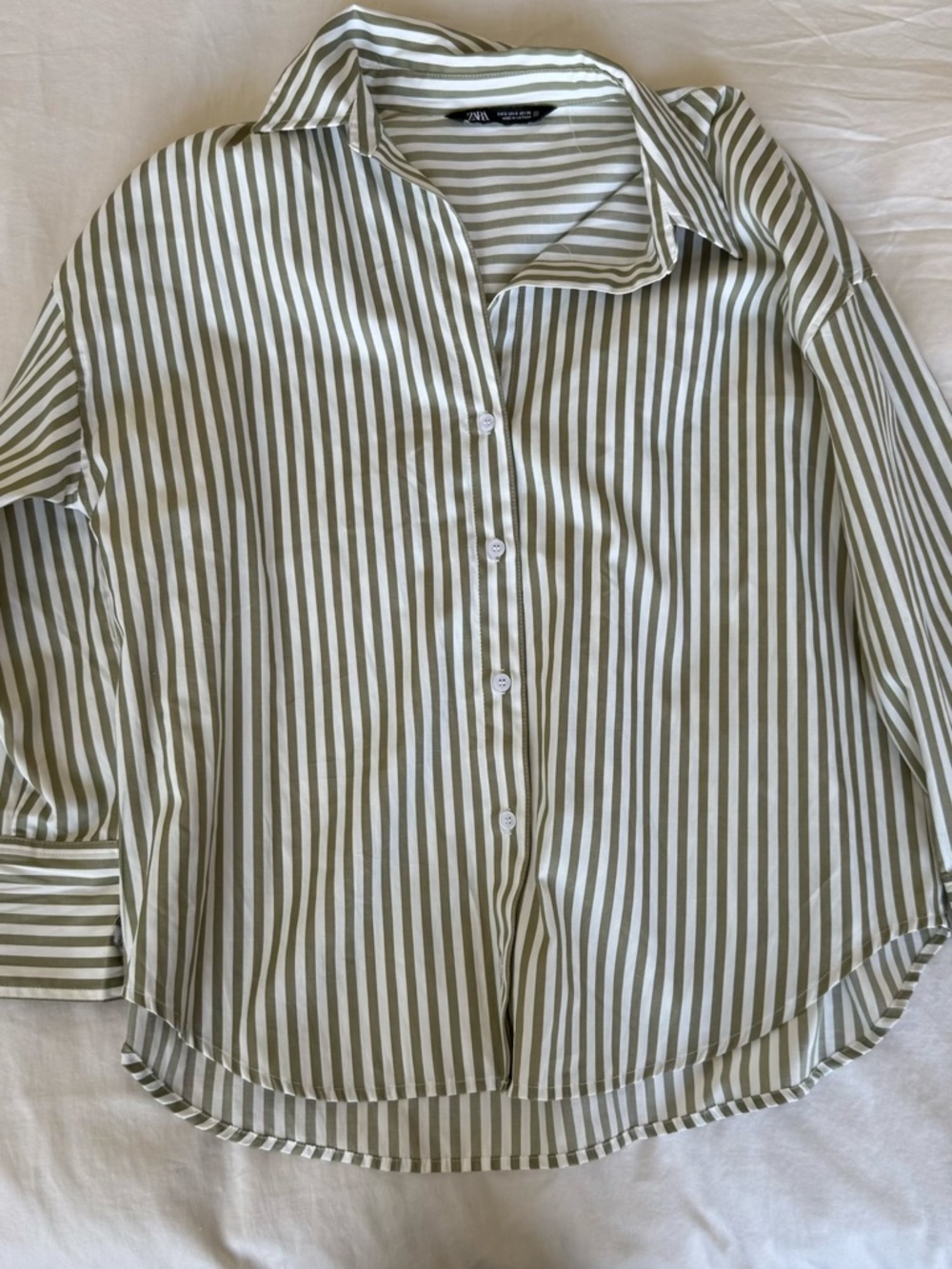 Zara Olive Green & White Vertical Stripe Button-Up Shirt